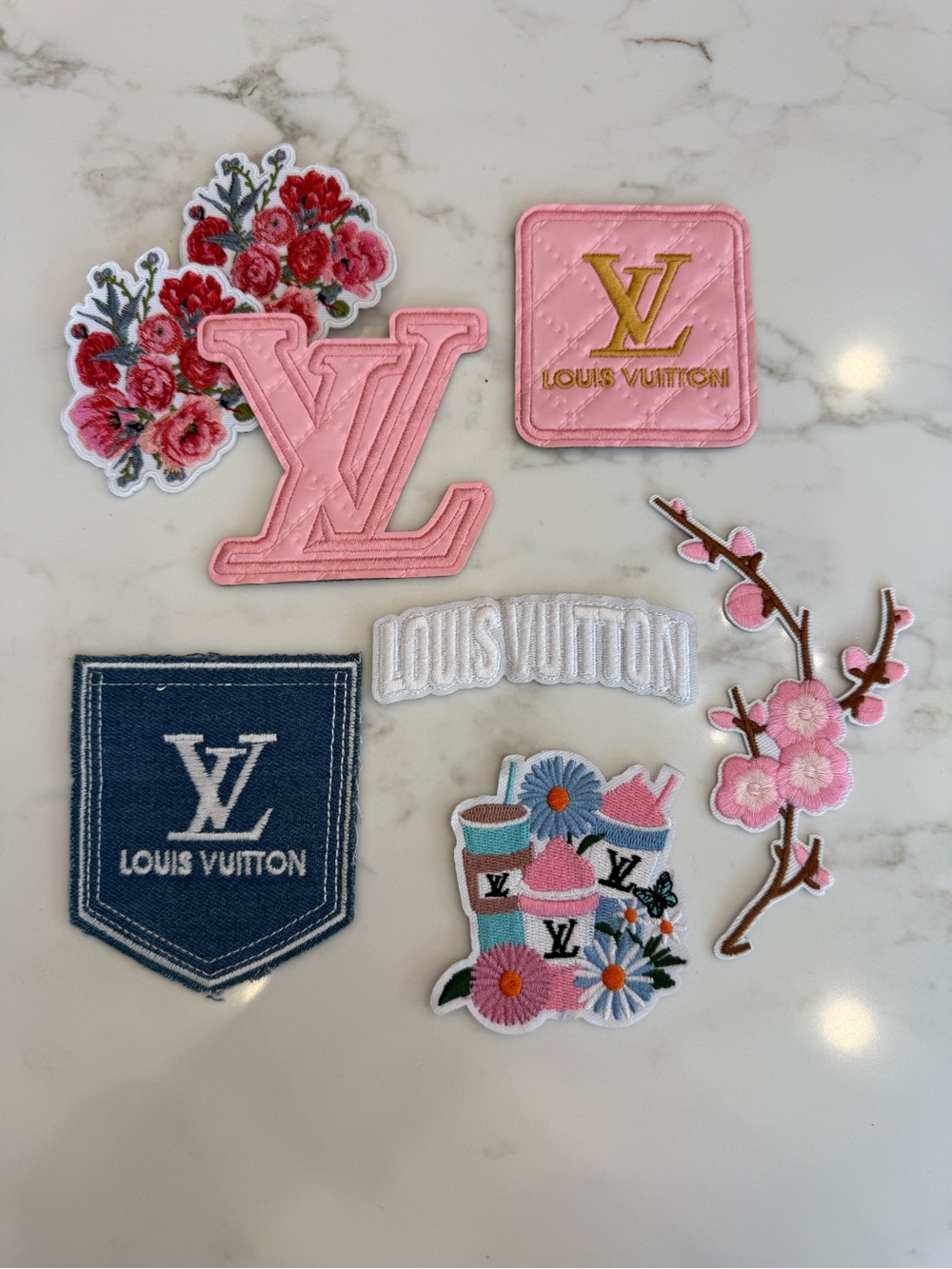 Hand Crafted Pink & Blue Embroidered Mix Lot. Iron on Patches
